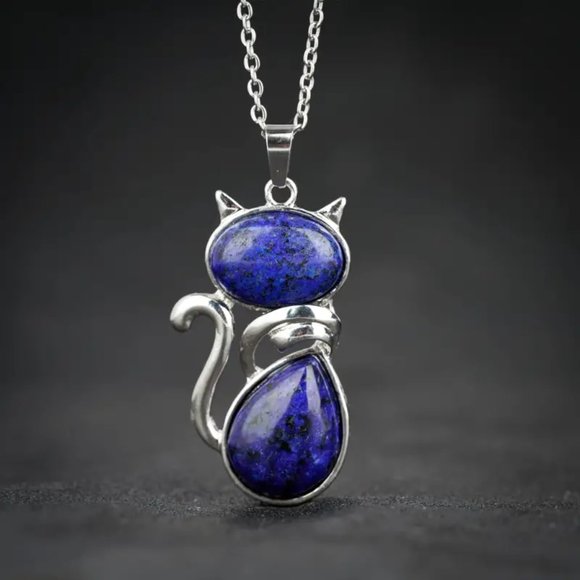 Lapis Lazuli Natural Stone Cute Cat Pendant Necklace - Picture 1 of 2